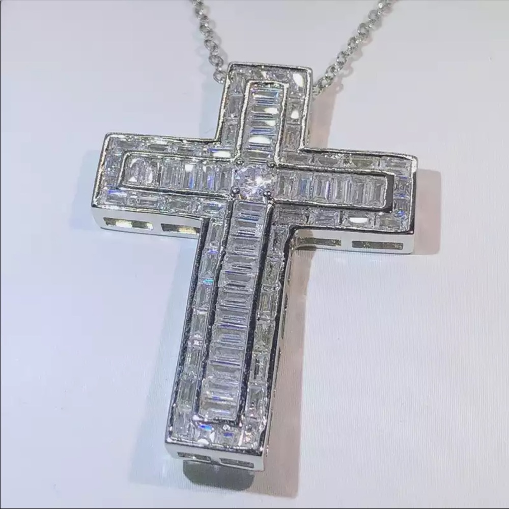 New Men Women 925 Silver Cross Diamond Necklace - Picture 3 of 10